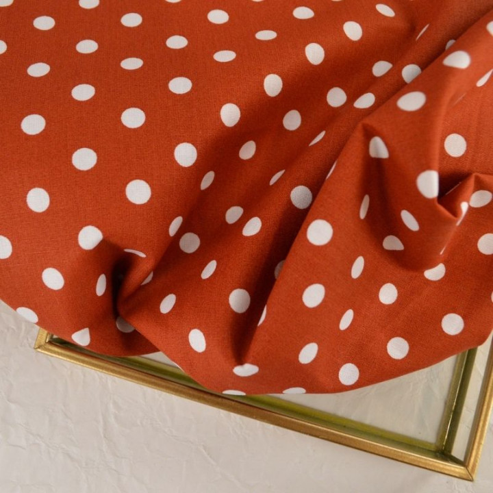 Tissu popeline coton motif Pois blancs fond Terracotta - oeko tex
