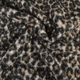 1 coupon de 1m40- Tissu bouclette effet laine motif léopard – ton beige, noir et écru