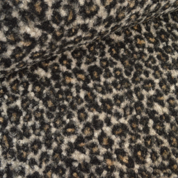 1 coupon de 1m40- Tissu bouclette effet laine motif léopard – ton beige, noir et écru