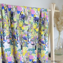 1 coupon de 59cm -  Tissu Viscose graphique coloris bleu, jaune et rose