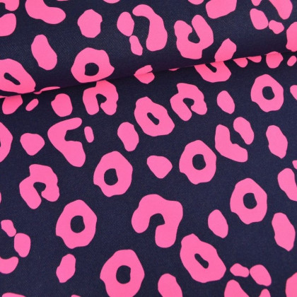 Tissu Sweat French Terry léopard rose fluo fond bleu jean