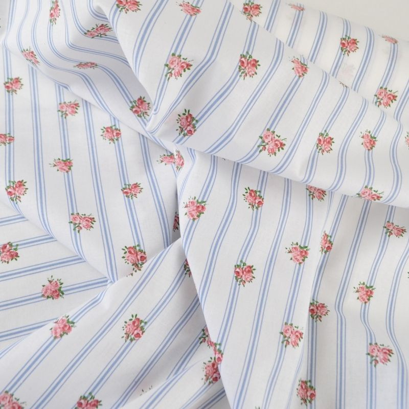 Coupon De Tissu Vintage Français - Motif Petites Fleurs Et Rayures - 33 X 120 Cm
