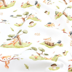 Tissu coton Renard motif petits renards et arbres fond blanc - OEKO TEX