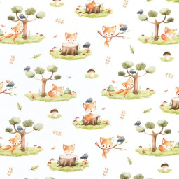 Tissu coton Renard motif petits renards et arbres fond blanc - OEKO TEX