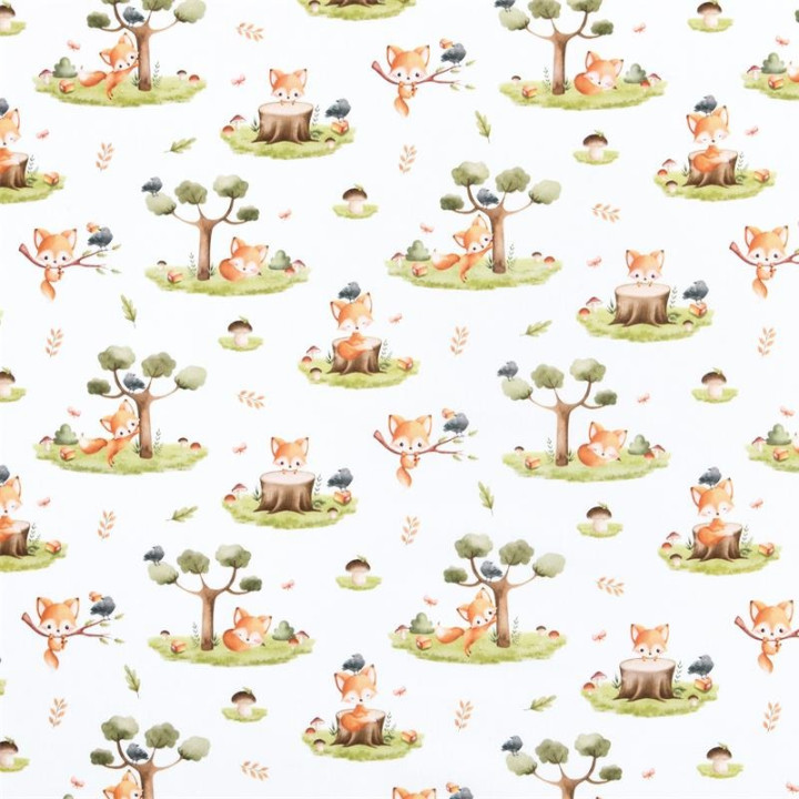 Tissu coton Renard motif petits renards et arbres fond blanc - Oeko tex
