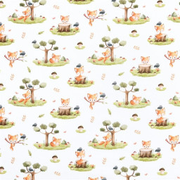 Tissu coton Renard motif petits renards et arbres fond blanc - Oeko tex