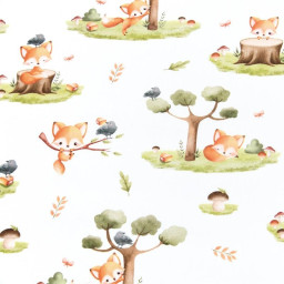 Tissu coton Renard motif petits renards et arbres fond blanc - OEKO TEX