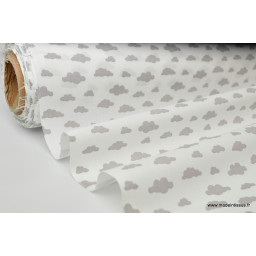 Tissu coton oeko tex imprimé nuages gris sur fond blanc