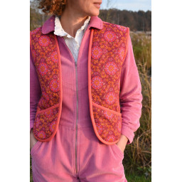 Voile de coton matelassée motif fleurs et rayures rose et bordeaux