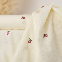 Double gaze brodée Cécile petites fleurs fond blanc cassé - oeko tex