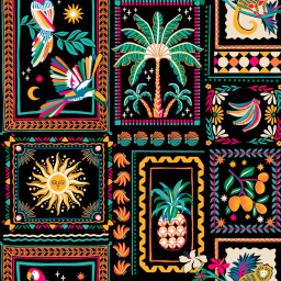 Tissu coton imprimé Bomdia – Motifs tropicaux esprit patchwork Noir