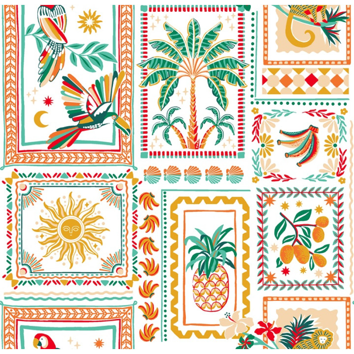 Tissu coton imprimé Bomdia – Motifs tropicaux esprit patchwork Blanc