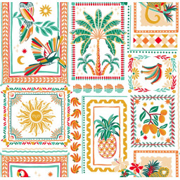 Tissu coton imprimé Bomdia – Motifs tropicaux esprit patchwork Blanc