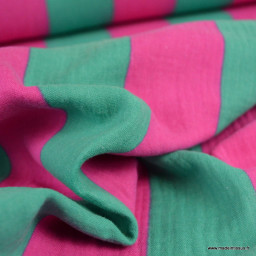 Tissu double gaze motif rayures vert et fuchsia - OEKO TEX