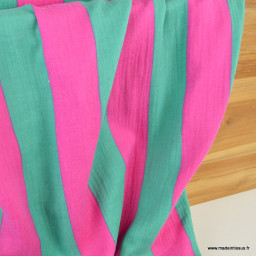 Tissu double gaze motif rayures vert et fuchsia - OEKO TEX