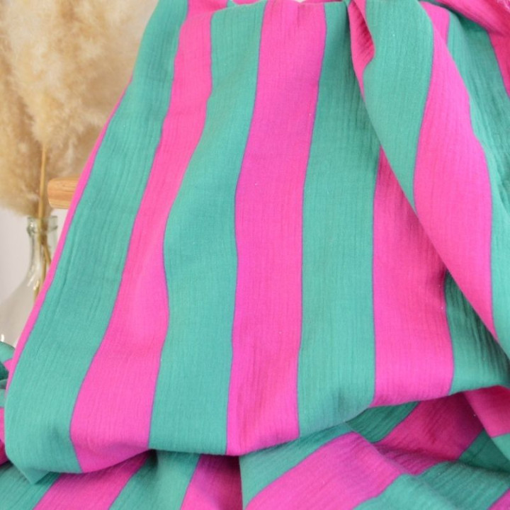 Tissu double gaze motif léopard vert, fuchsia et orange - oeko tex