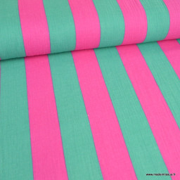 Tissu double gaze motif rayures vert et fuchsia - OEKO TEX