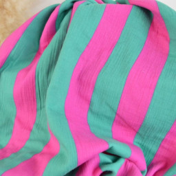 Tissu double gaze motif rayures vert et fuchsia - OEKO TEX