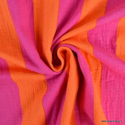 Tissu double gaze motif rayures orange et fuchsia - OEKO TEX