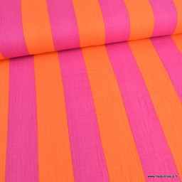 Tissu double gaze motif rayures orange et fuchsia - OEKO TEX