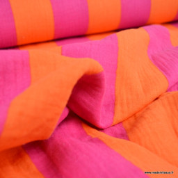Tissu double gaze motif rayures orange et fuchsia - OEKO TEX