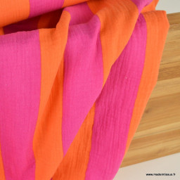 Tissu double gaze motif rayures orange et fuchsia - OEKO TEX