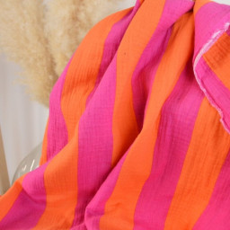 Tissu double gaze motif léopard orange et fuchsia - oeko tex
