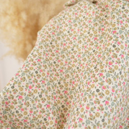Tissu double gaze de coton Caseille fleurs rose fluo fond écru
