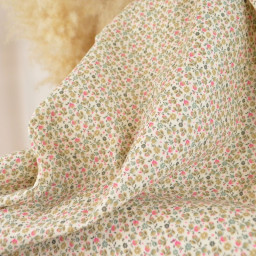 Tissu double gaze de coton Caseille fleurs rose fluo fond écru