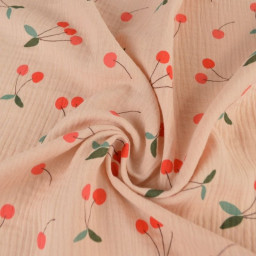 Tissu double gaze de coton Clafoutis motif cerises fond skin