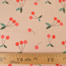 Tissu double gaze de coton Clafoutis motif cerises fond skin