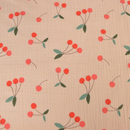 Tissu double gaze de coton Clafoutis motif cerises fond skin