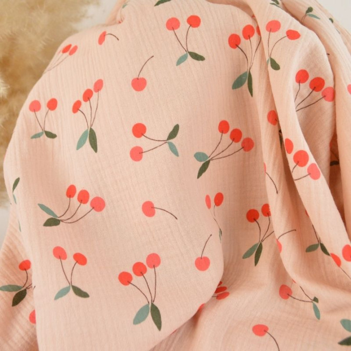Tissu double gaze de coton Clafoutis motif cerises fond skin