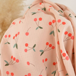 Tissu double gaze de coton Clafoutis motif cerises fond skin