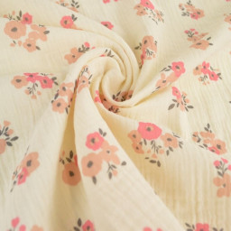 Tissu double gaze de coton Molisa fleurs rose fond écru