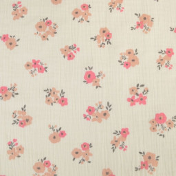 Tissu double gaze de coton Molisa fleurs rose fond écru