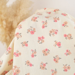 Tissu double gaze de coton Molisa fleurs rose fond écru