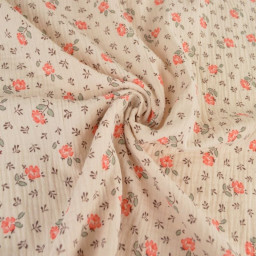 Tissu double gaze de coton Olympe fleurs rose fond latté