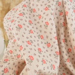 Tissu double gaze de coton Olympe fleurs rose fond latté
