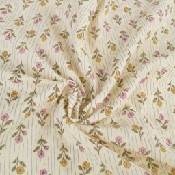 Tissu double gaze de coton Aesa fleurs vertes fond écru