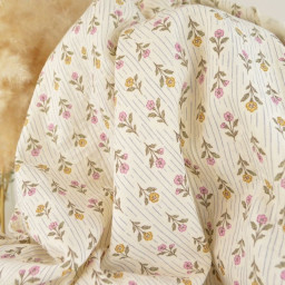 Tissu double gaze de coton Aesa fleurs vertes fond écru