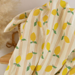 Tissu double gaze de coton Lime motif citrons et rayures fond écru