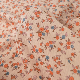 Tissu double gaze de coton June fleurs fond rose skin
