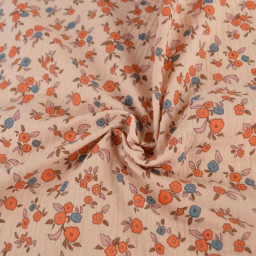 Tissu double gaze de coton June fleurs fond rose skin