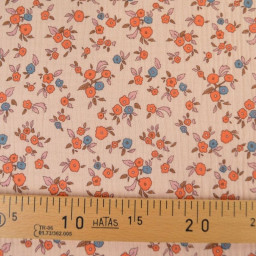 Tissu double gaze de coton June fleurs fond rose skin
