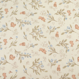 Tissu double gaze de coton Ariella lapins & feuillage fond écru