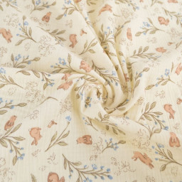 Tissu double gaze de coton Ariella lapins & feuillage fond écru