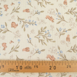 Tissu double gaze de coton Ariella lapins & feuillage fond écru