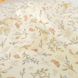 Tissu double gaze de coton Ariella lapins & feuillage fond écru