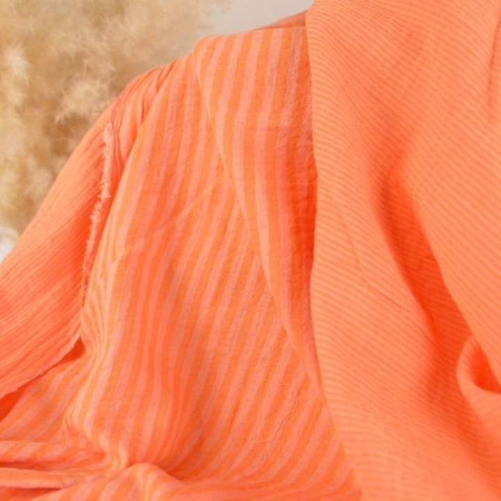 Tissu Double gaze réversible à rayures Pêche et tangerine - oeko tex